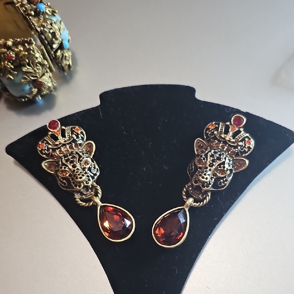 Vintage Graziano Elegant Royal Crown Cougar Red Rhinestone Drop Earrings